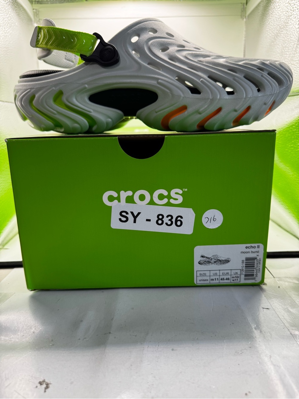 CROCS mens Echo II Clog in Moon Burst with Neon Green Strap and Orange Accents
